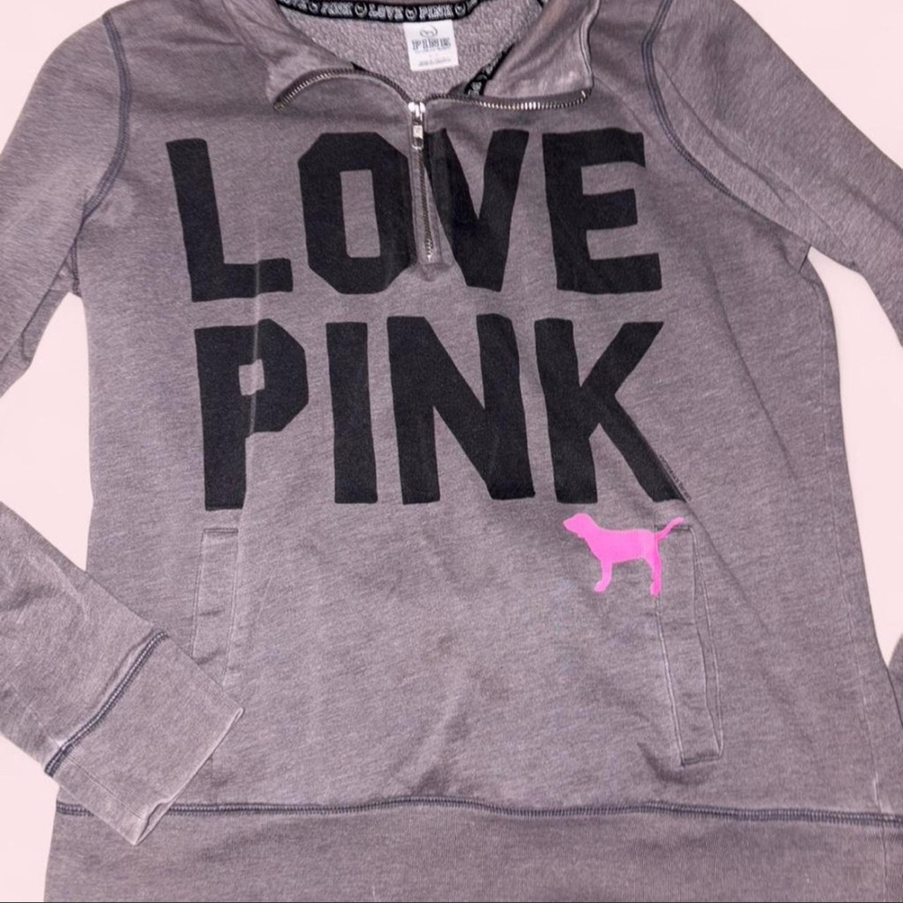 Y2K 2000’s Victoria’s Secret PINK Grey and Pink Quarter Zip Sweatshirt LOVE PINK